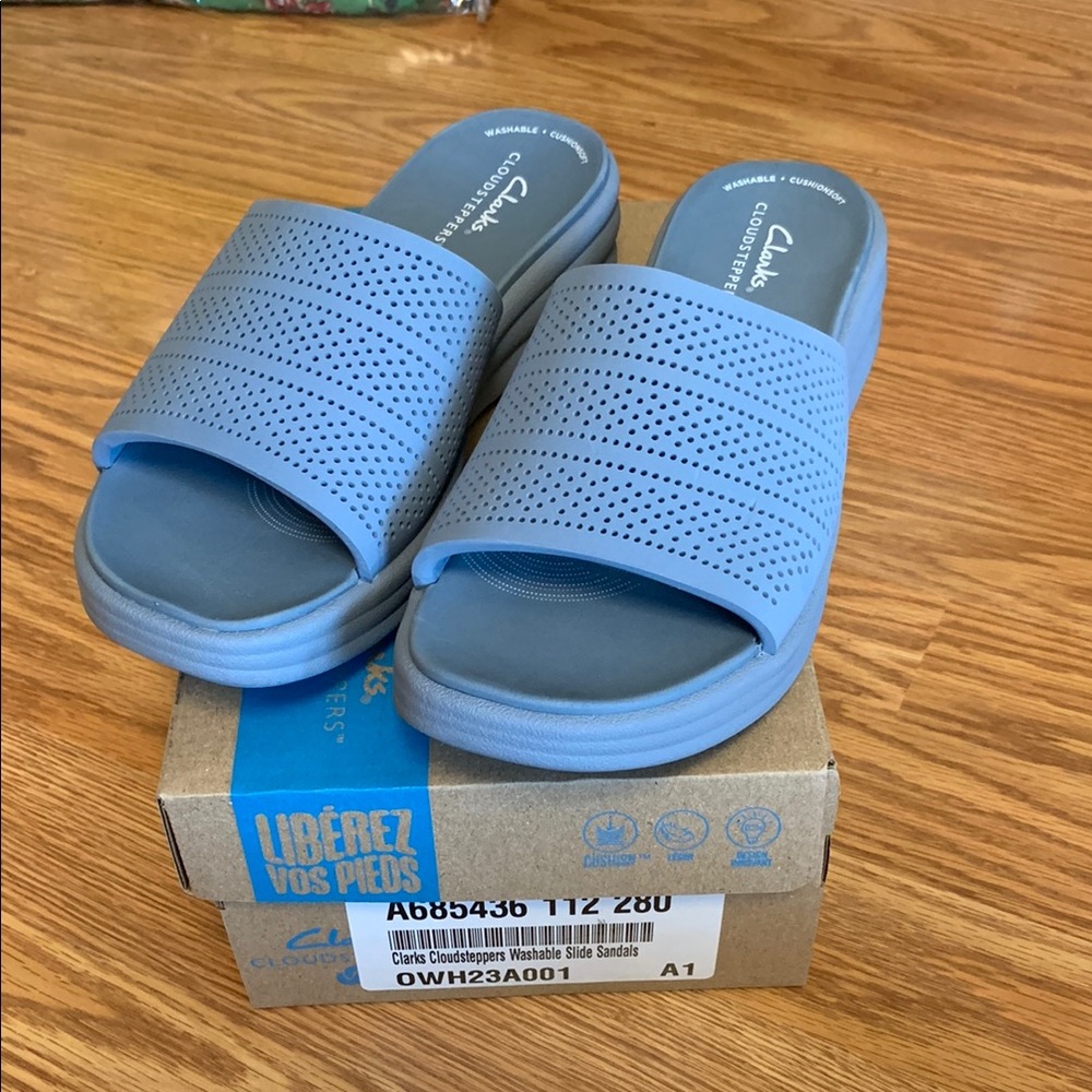 Clarks Cloudsteppers washable blue slide sandals new QVC cushion soft